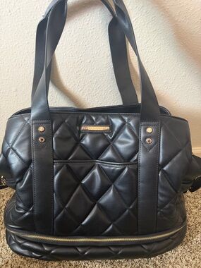 Poppy and Peonies Black Faux Leather Quilted Voyager Travel Bag Like New
